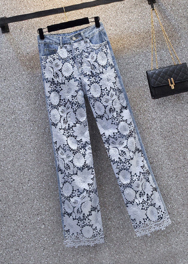 Beautiful Blue Lace Patchwork High Waist Wide Leg Jeans Summer TY1037