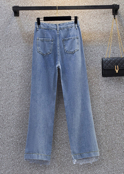 Beautiful Blue Lace Patchwork High Waist Wide Leg Jeans Summer TY1037