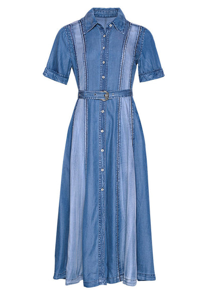 Beautiful Blue Peter Pan Collar Patchwork Sashes Silk Denim Long Dress Short Sleeve AC2024