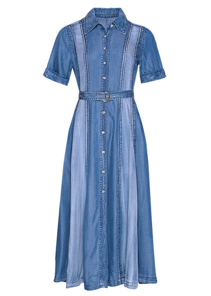 Robe longue en soie et denim à manches courtes, col Claudine bleu, patchwork et ceinture, AC2024