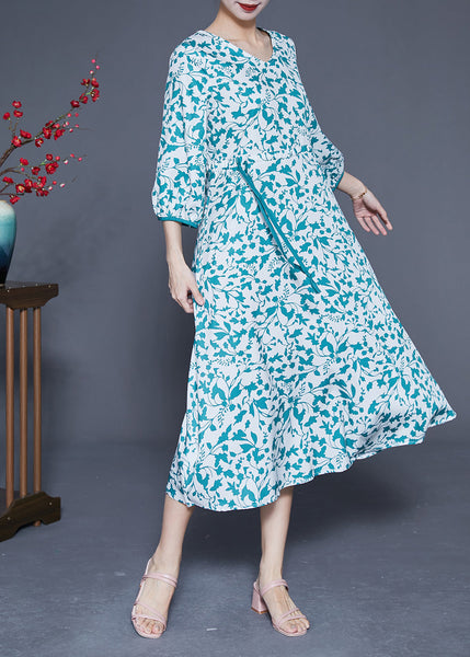 Beautiful Blue Print Tie Waist Pockets Silk Dress Bracelet Sleeve LY1820