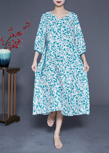 Beautiful Blue Print Tie Waist Pockets Silk Dress Bracelet Sleeve LY1820