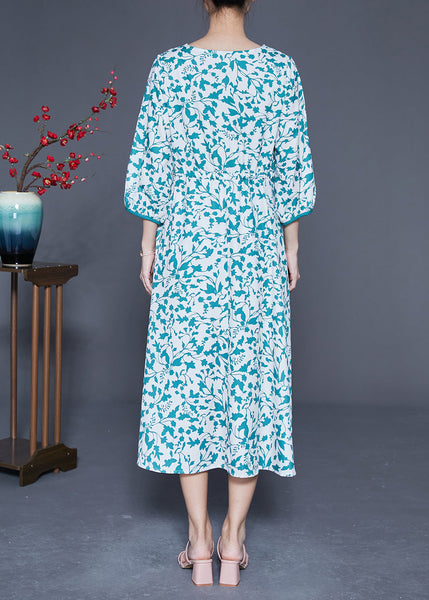 Beautiful Blue Print Tie Waist Pockets Silk Dress Bracelet Sleeve LY1820