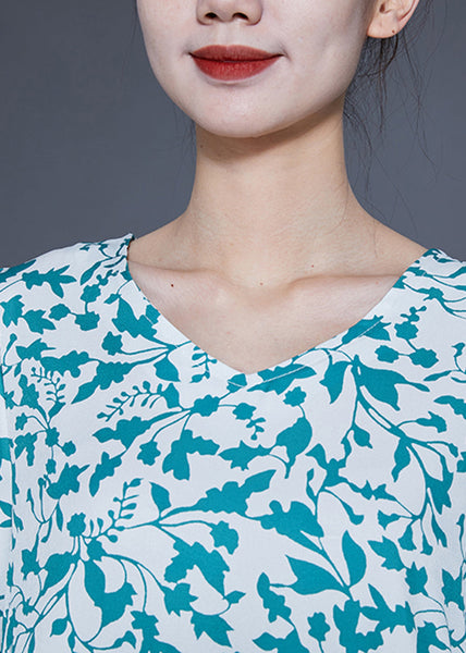 Beautiful Blue Print Tie Waist Pockets Silk Dress Bracelet Sleeve LY1820