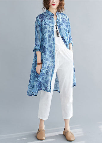 Beautiful Blue Stand Collar Oversized Print Linen Long Shirt Spring AC2025
