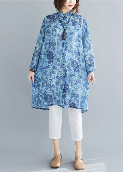 Beautiful Blue Stand Collar Oversized Print Linen Long Shirt Spring AC2025