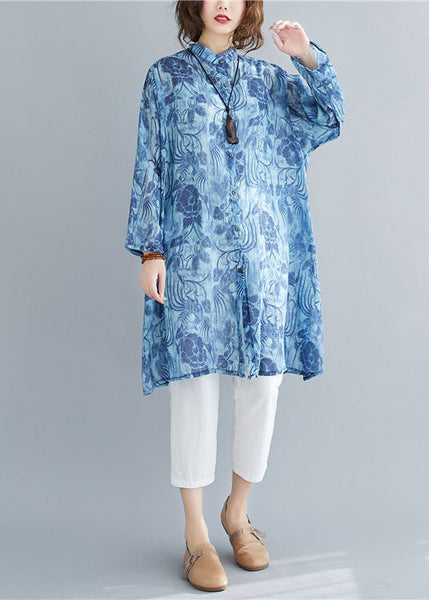 Beautiful Blue Stand Collar Oversized Print Linen Long Shirt Spring AC2025
