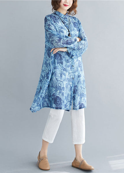 Beautiful Blue Stand Collar Oversized Print Linen Long Shirt Spring AC2025