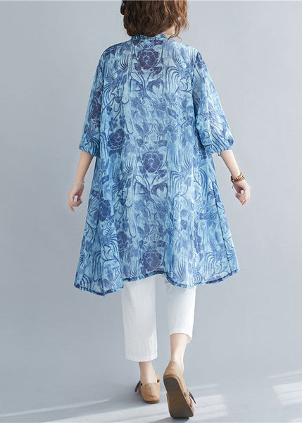 Beautiful Blue Stand Collar Oversized Print Linen Long Shirt Spring AC2025