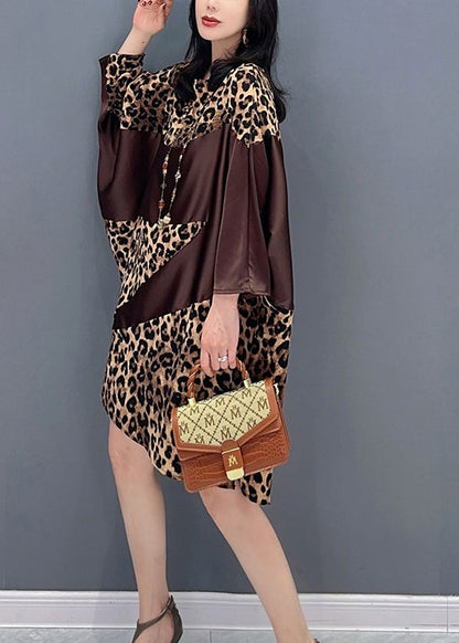 Beautiful Chocolate O-Neck Leopard Print Maxi Dresses Spring LC0355