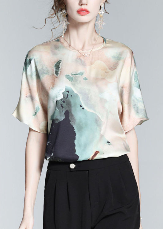 Beautiful Colorblock O Neck Print Silk T Shirt Top Summer LY0094