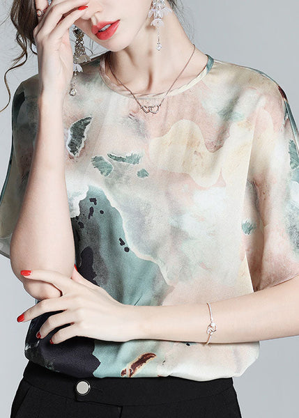 Magnifique T-shirt en soie à col rond imprimé colorblock, idéal pour l'été (LY0094)