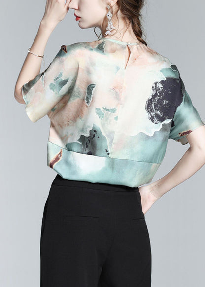 Beautiful Colorblock O Neck Print Silk T Shirt Top Summer LY0094