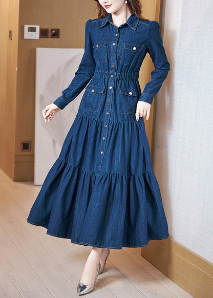 Beautiful Denim Blue Peter Pan Collar Patchwork Wrinkled Tunic Button Cotton Maxi Dresses Long Sleeve AC2023