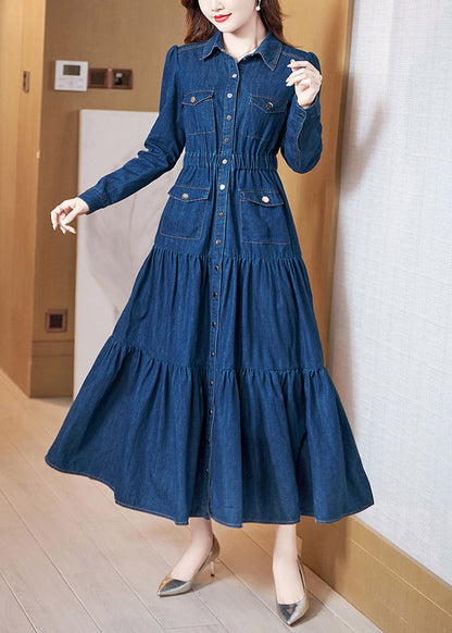 Beautiful Denim Blue Peter Pan Collar Patchwork Wrinkled Tunic Button Cotton Maxi Dresses Long Sleeve AC2023