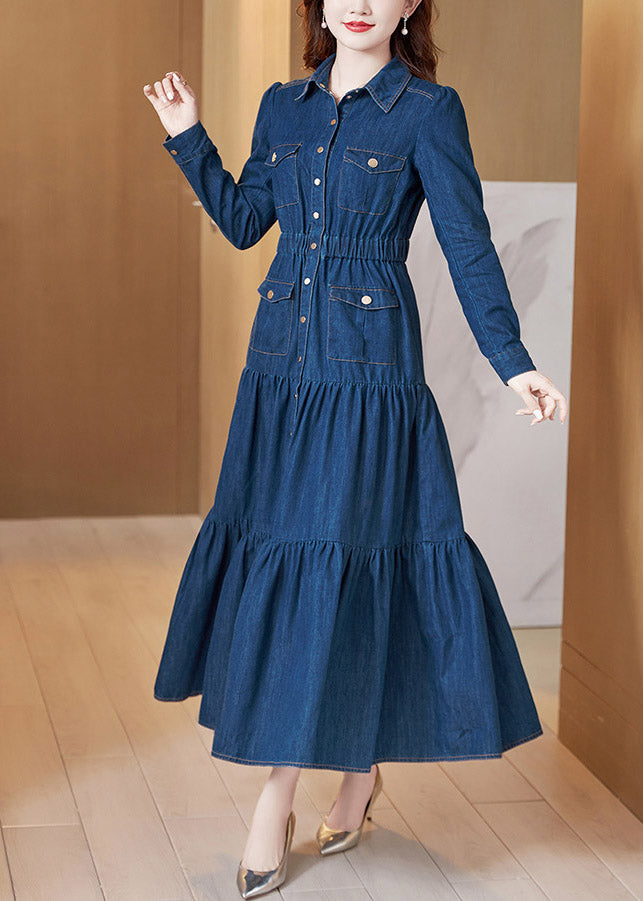 Beautiful Denim Blue Peter Pan Collar Patchwork Wrinkled Tunic Button Cotton Maxi Dresses Long Sleeve AC2023