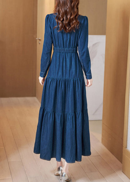 Beautiful Denim Blue Peter Pan Collar Patchwork Wrinkled Tunic Button Cotton Maxi Dresses Long Sleeve AC2023