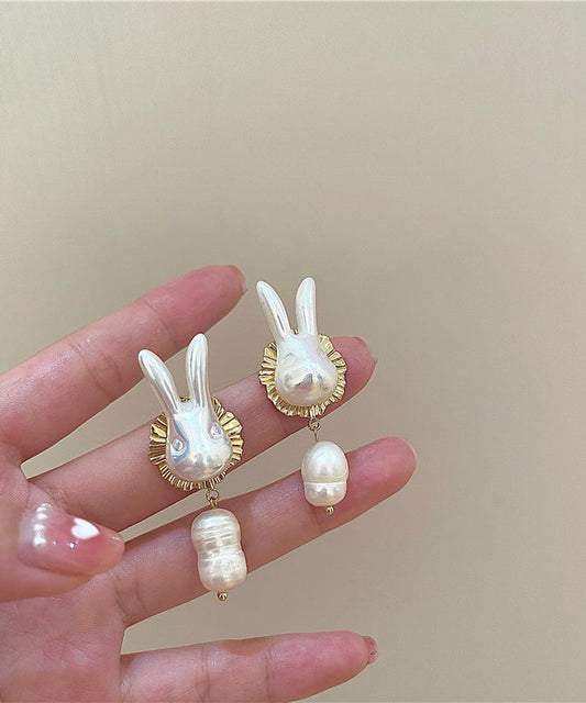 Beautiful Gold Sterling Silver Alloy Pearl Rabbit Drop Earrings LY1801