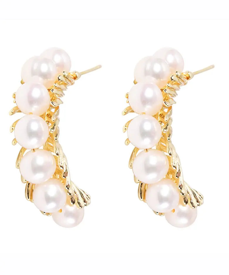 Beautiful Gold Sterling Silver Overgild Pearl Hoop Earrings Ada Fashion