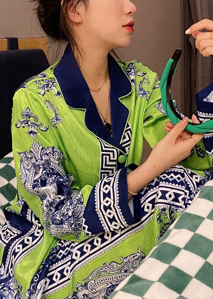 Beautiful Grass Green Peter Pan Collar Print Button Ice Silk Pajamas Two Pieces Set Spring LY1880