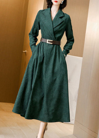 Beautiful Green Notched Collar Sashes Slim Fit Corduroy Maxi Dresses Spring AC2013