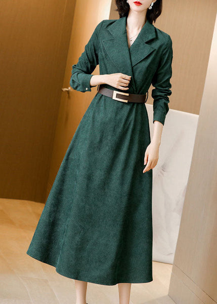 Beautiful Green Notched Collar Sashes Slim Fit Corduroy Maxi Dresses Spring AC2013