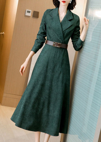 Beautiful Green Notched Collar Sashes Slim Fit Corduroy Maxi Dresses Spring AC2013