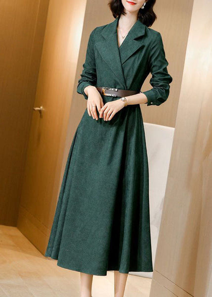 Beautiful Green Notched Collar Sashes Slim Fit Corduroy Maxi Dresses Spring AC2013