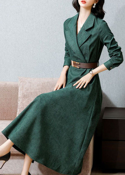 Beautiful Green Notched Collar Sashes Slim Fit Corduroy Maxi Dresses Spring AC2013