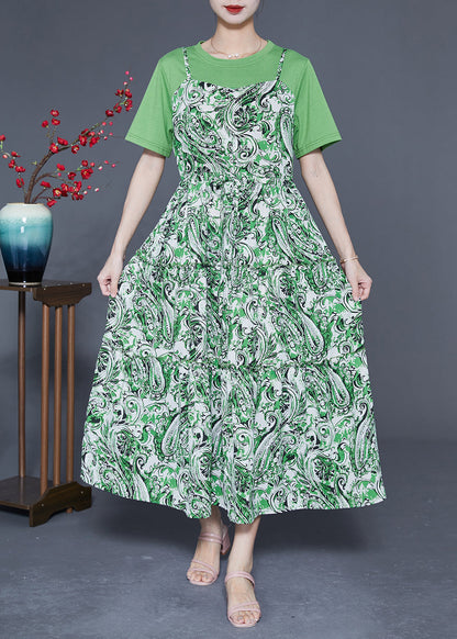 Beautiful Green O-Neck Patchwork Exra Large Hem Chiffon Fake Two Piece Dresses Summer LY1822