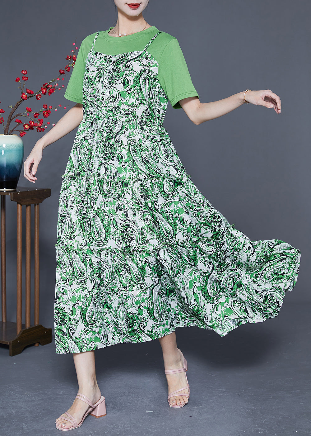 Beautiful Green O-Neck Patchwork Exra Large Hem Chiffon Fake Two Piece Dresses Summer LY1822