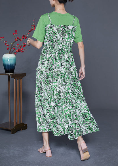 Beautiful Green O-Neck Patchwork Exra Large Hem Chiffon Fake Two Piece Dresses Summer LY1822