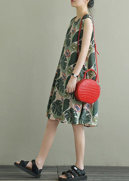 Beautiful Green O-Neck Print Bow Cotton A Line Dress Sleeveless LY0902