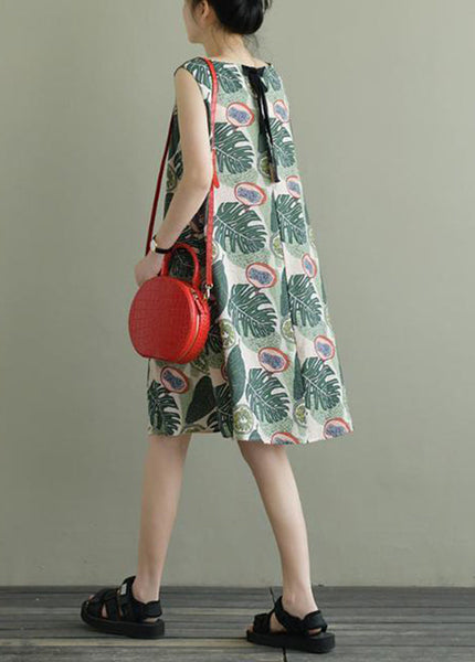 Beautiful Green O-Neck Print Bow Cotton A Line Dress Sleeveless LY0902