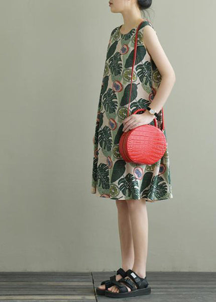 Beautiful Green O-Neck Print Bow Cotton A Line Dress Sleeveless LY0902