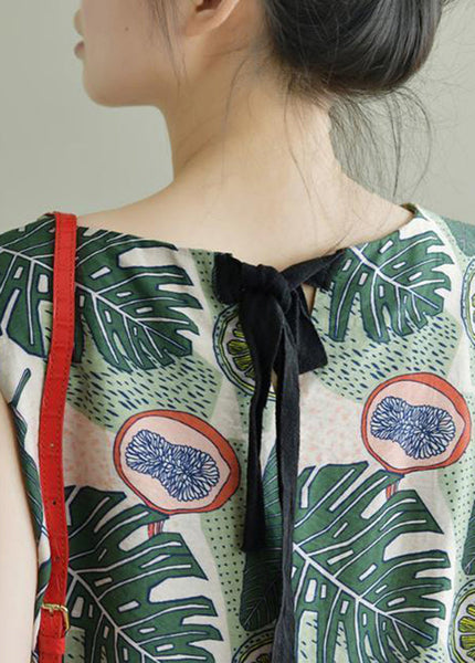 Beautiful Green O-Neck Print Bow Cotton A Line Dress Sleeveless LY0902