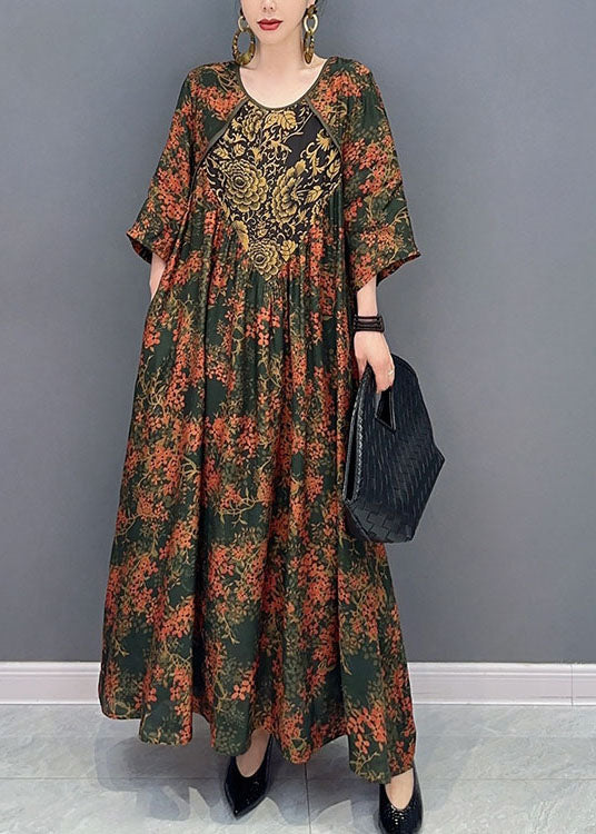 Beautiful Green O Neck Print Patchwork Cotton Maxi Dresses Spring