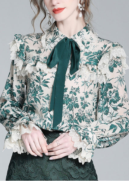 Beautiful Green Peter Pan Collar Print Button Silk Shirt Long Sleeve LY0131