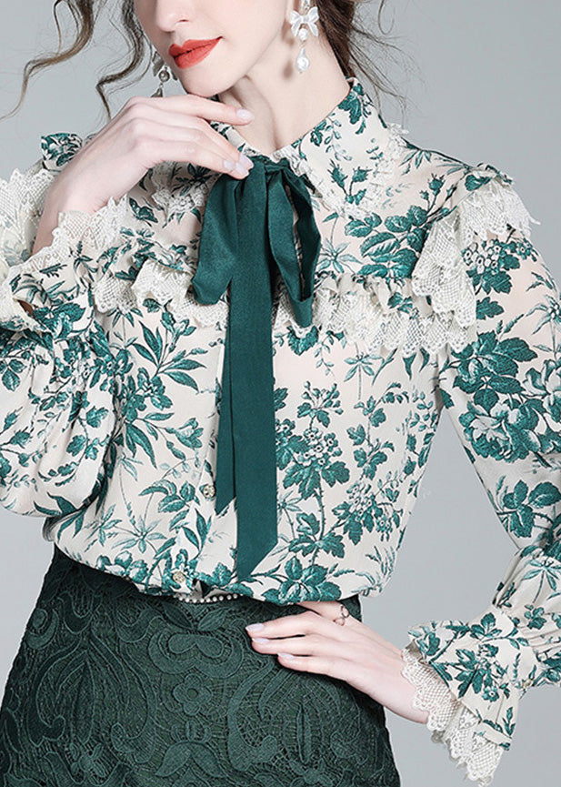 Beautiful Green Peter Pan Collar Print Button Silk Shirt Long Sleeve LY0131