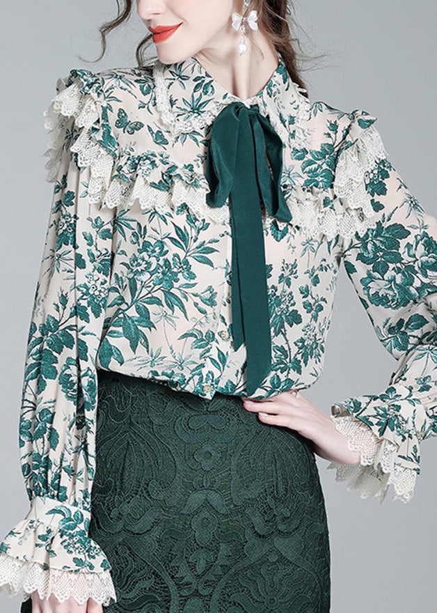 Beautiful Green Peter Pan Collar Print Button Silk Shirt Long Sleeve LY0131