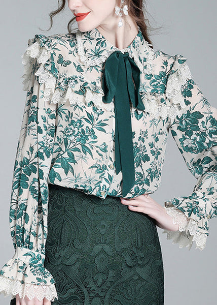 Beautiful Green Peter Pan Collar Print Button Silk Shirt Long Sleeve LY0131