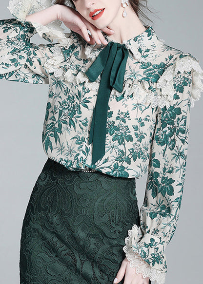 Beautiful Green Peter Pan Collar Print Button Silk Shirt Long Sleeve LY0131