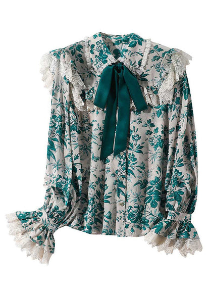 Beautiful Green Peter Pan Collar Print Button Silk Shirt Long Sleeve LY0131