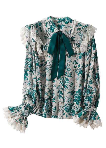 Beautiful Green Peter Pan Collar Print Button Silk Shirt Long Sleeve LY0131