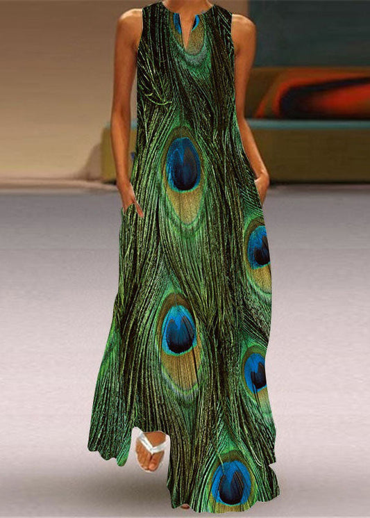 Beautiful Green Print Pockets Chiffon Beach Dress Sleeveless LY1924