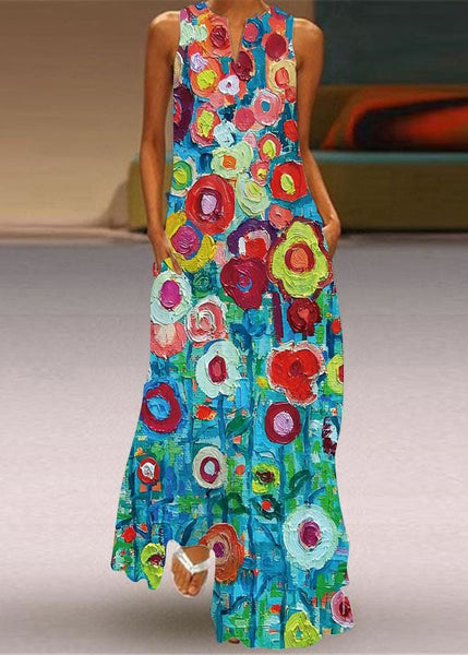 Beautiful Green Print Pockets Chiffon Beach Dress Sleeveless LY1924