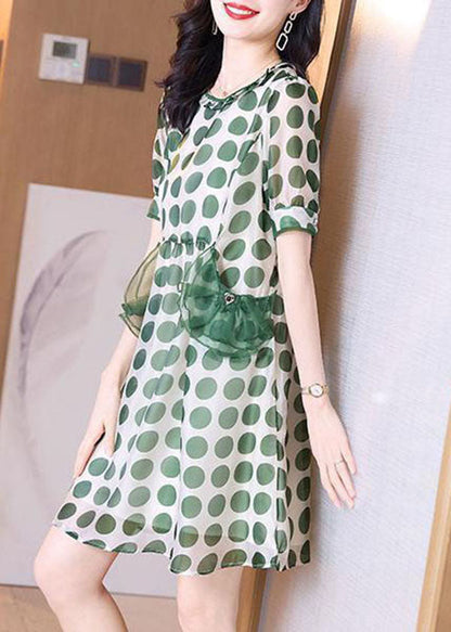 Beautiful Green Print Tulle Patchwork Chiffon Cinched Dress Summer FR2011