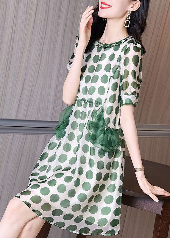 Beautiful Green Print Tulle Patchwork Chiffon Cinched Dress Summer FR2011