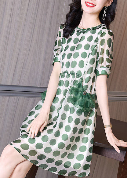 Beautiful Green Print Tulle Patchwork Chiffon Cinched Dress Summer FR2011