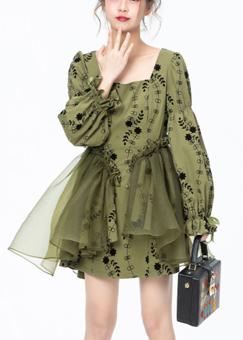 Beautiful Green Square Collar Print Tulle Patchwork Mid Dresses Long Sleeve LY0805